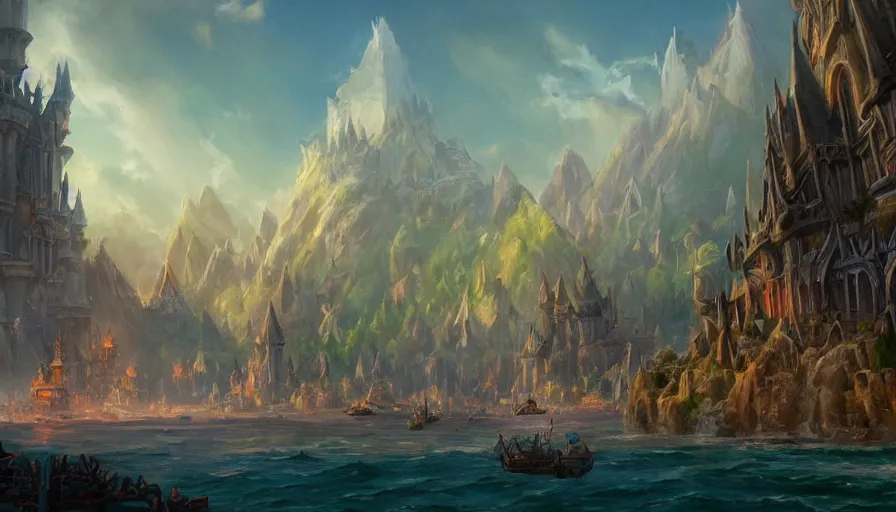 Image similar to a beautiful painting looking across a crystal clear sea at stormwind city from the warcraft movie, by greg rutkowski and kalin popov, trending on artstation, masterpiece,