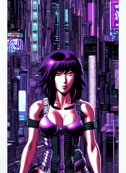 Image similar to motoko kusanagi in grungy cyberpunk megacity, intricate and finely detailed, cyberpunk vaporwave, portrait by j scott campbell, phil jimenez, ilya kuvshinov