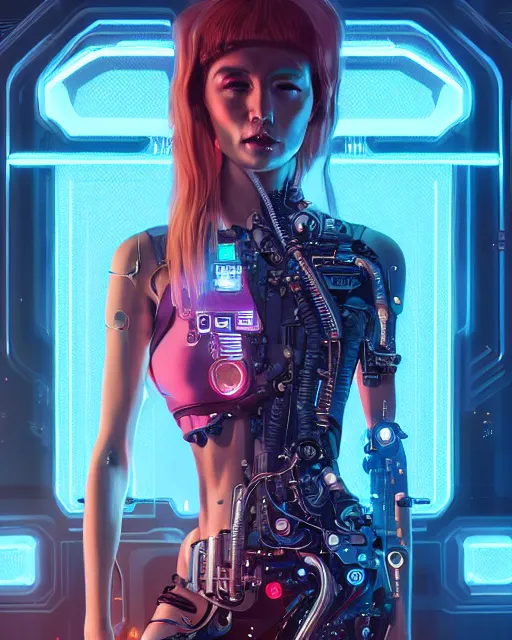 Image similar to portrait of agatha vega as a cyberpunk cyborg. sci - fi, missing panels, intricate abstract upper body intricate artwork, by tooth wu, wlop, beeple, dan mumford. concept art, octane render, deviantart, greg rutkowski, cinematic, key art, hyperrealism, iridescent accents