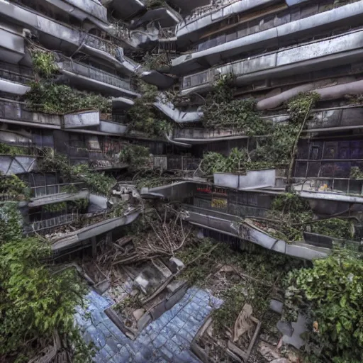 Image similar to of a dystopian city abandoned with debris, nice lighting, building full of plants, futurism, mc Escher, photography, architecture, 8k, detailed