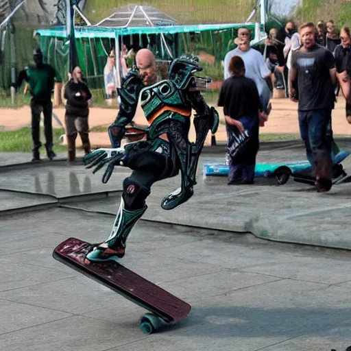 Image similar to necron doing a kickflip while humans look on in amazement and awe