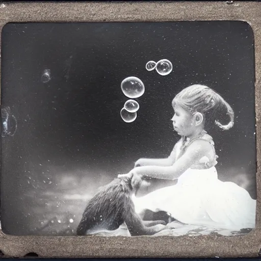 Prompt: tintype photo, underwater with bubbles, monkey rides a jellyfish
