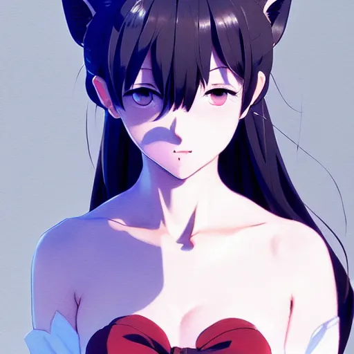 Image similar to a full body / a film still portrait of the dressed catgirl, finely detailed features, closeup at the faces, perfect art, gapmoe yandere grimdark, trending on pixiv fanbox, painted by greg rutkowski makoto shinkai takashi takeuchi studio ghibli, akihiko yoshida