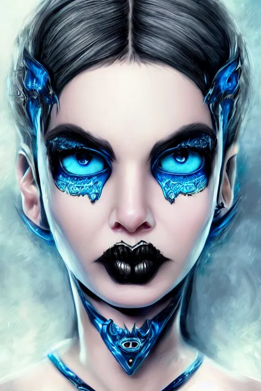Prompt: hyperrealistic detailed portrait of cat woman, fantasy, D&D, black hair, blue eyeball, blue jewellery, soft features, elegant, artstation, intricate details, tarot card, cinematic, vibrant