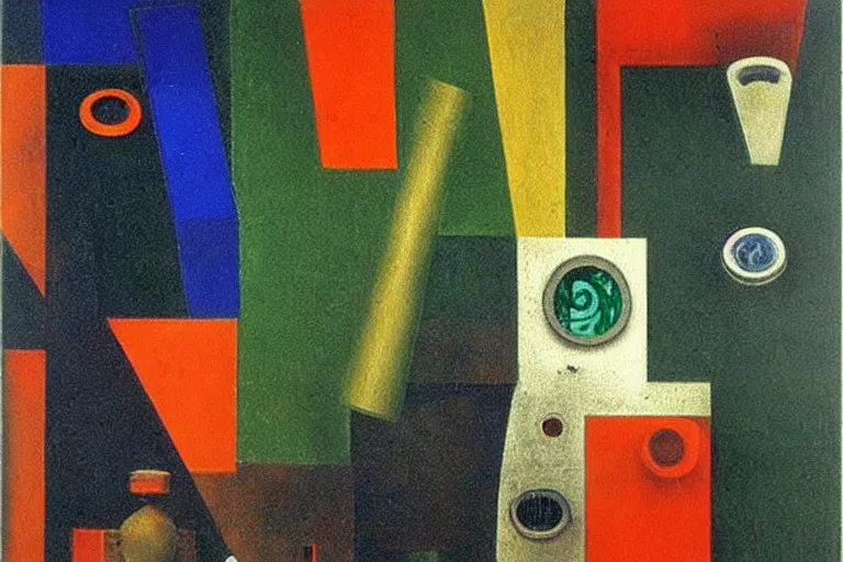 Image similar to born under a bad sign, watches, radios, good luck and trouble are my only friends, colors white!!, orange, dark green, dark blue, abstract oil painting by max ernst