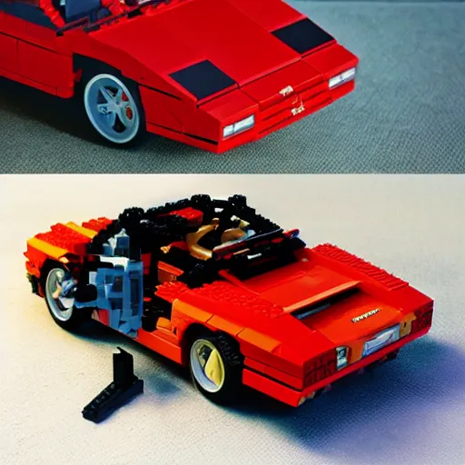 Image similar to red ferrari testarossa, outrun game, lego set