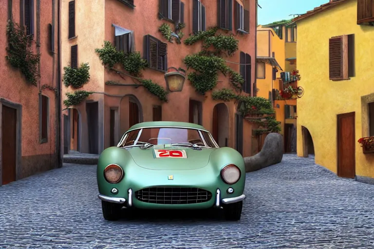 Image similar to a wholesome animation key shot of!! one!! focused!! ferrari 2 5 0 gt!! in beautiful cinque terre italy street, medium shot, studio ghibli, ( pixar ) and disney animation, sharp, very detailed, high resolution, rendered in unreal engine 5, anime key art by greg rutkowski, bloom, dramatic lighting