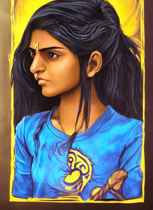 Image similar to An epic fantasy comic book style portrait painting of a young Indian woman named Immodi, very expressive, dark piercing eyes, tomboy, mischievous, smirk, round face, very dark tan skin, futuristic short black hair style, wearing a blue and yellow soccer uniform, arms crossed, unreal 5, DAZ, hyperrealistic, octane render, cosplay, RPG portrait, dynamic lighting