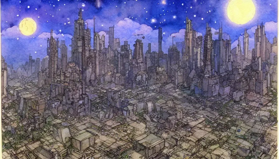 Prompt: hyperrealist studio ghibli watercolor fantasy concept art of destroyed megapolis. it is a misty starry night. by rebecca guay, michael kaluta, charles vess