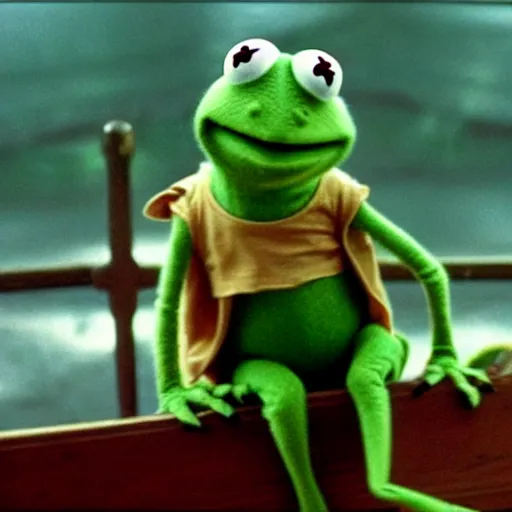 Prompt: a still of kermit the frog in spirited away ( 2 0 0 1 )