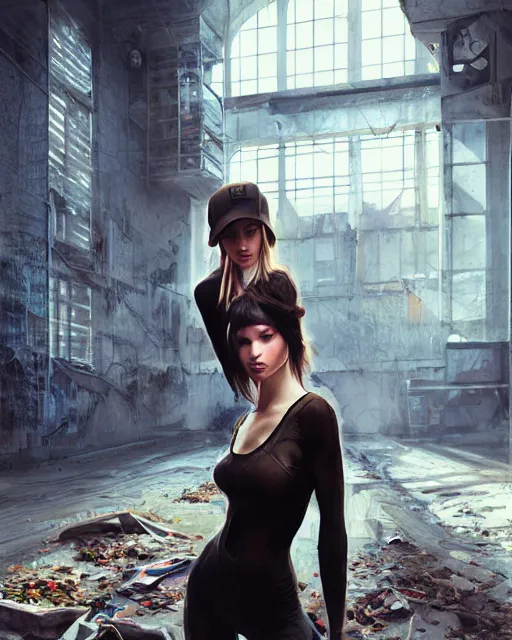 Image similar to daniel gerhartz and artgerm portrait digital rococo painting of a beautiful woman wearing streetwear clothing, abandoned warehouse interior in the background, unreal engine, hyper realism, realistic shading, cinematic composition, realistic render, octane render, detailed textures, photorealistic, ultrawide shot, 3 5 mm film