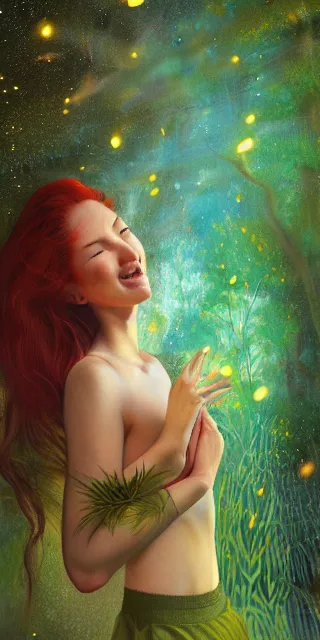 Prompt: infp young woman, smiling amazed, golden fireflies lights, amidst of nature fully covered, long loose red hair, intricate linework, bright accurate green eyes, small nose with freckles, oval shape face, realistic, expressive emotions, dramatic lights spiritual scene, hyper realistic ultrafine art by artemisia gentileschi, jessica rossier, boris vallejo