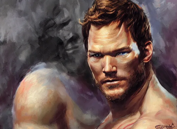 Image similar to a highly detailed beautiful portrait of chris pratt as kratos, by gregory manchess, james gurney, james jean