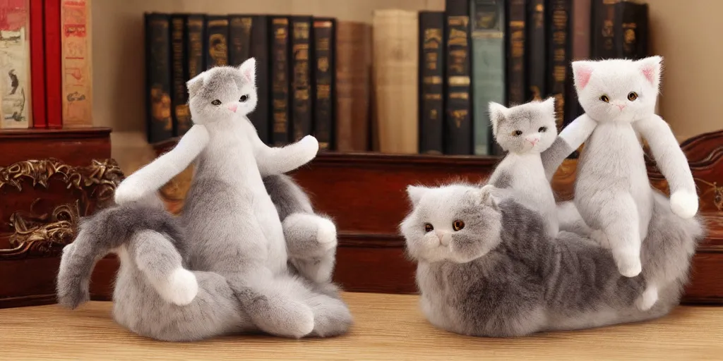 Prompt: 3 d precious moments plush cat with realistic fur, stuffed animal, sittinh in a castle, master painter and art style of john william waterhouse and caspar david friedrich and philipp otto runge