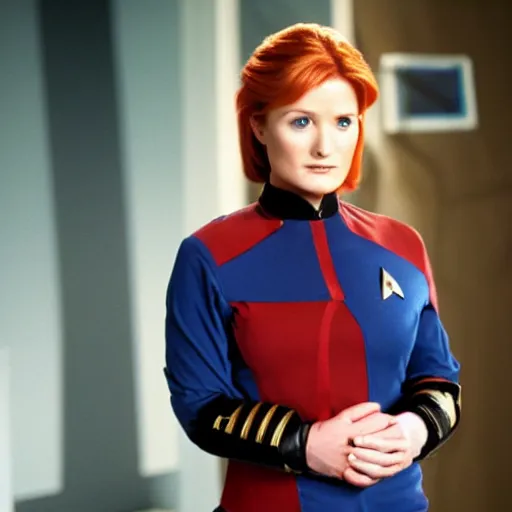 Prompt: Melissa Rauch as captain Kathryn Janeway of star trek Voyager