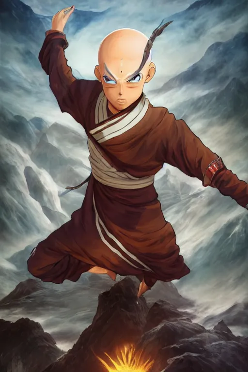 Prompt: an ultra detailed 3 d render of the aang the last airbender as an elden ring boss, epic anime fantasy, 8 k, in the style of a fantasy metal album cover and magic the gathering, volumetric lighting, smooth, highly detailed, digital illustration, octane render, art by albert bierstadt and greg rutkowsi, artstation