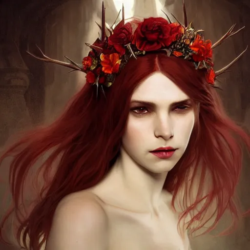 Image similar to portrait of beautiful vampire, flower crown, thorn everywhere, headshot, pale skin, 4k, rule of thirds, extreme detail, detailed drawing, trending artstation, hd, fantasy, D&D, realistic lighting, by Alphonse Mucha, Greg Rutkowski, sharp focus, backlit, bright red hair