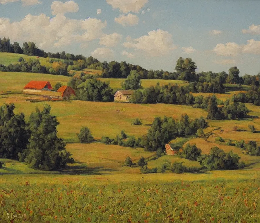 Image similar to beautiful view of a peaceful ukrainian farm landsape. art by isaac leitan and ivan shiskin, oil on canvas