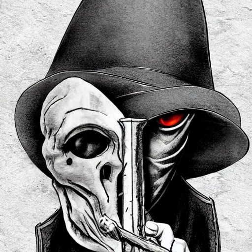 Prompt: a portrait of a plague doctor gunslinger, dark fantasy, horror, western, hell, ultrafine detailed digital pencil art by frank frazetta and vito acconci and and takeshi obata and mike mignola, death note style, colored, symetric body, cgsociety, sharp focus, cowboy shot, detailed face