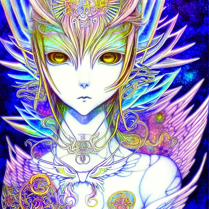 Image similar to stylized art of an psychedelic angelic celestial being by yoshitaka amano, trending on pixiv, anime style, winged head, white gold skin, ayahuasca, sacred geometry, esoteric art, watercolor