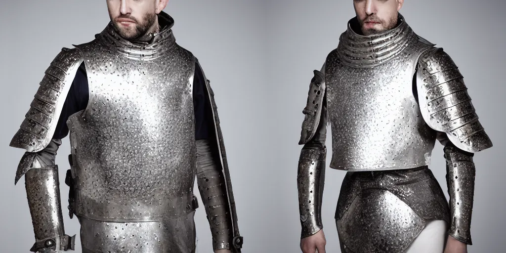 Prompt: an editorial photo of a designer fashion jacket slightly inspired by medieval armour designed by kanye, studio lighting, sigma 50mm, ƒ/8