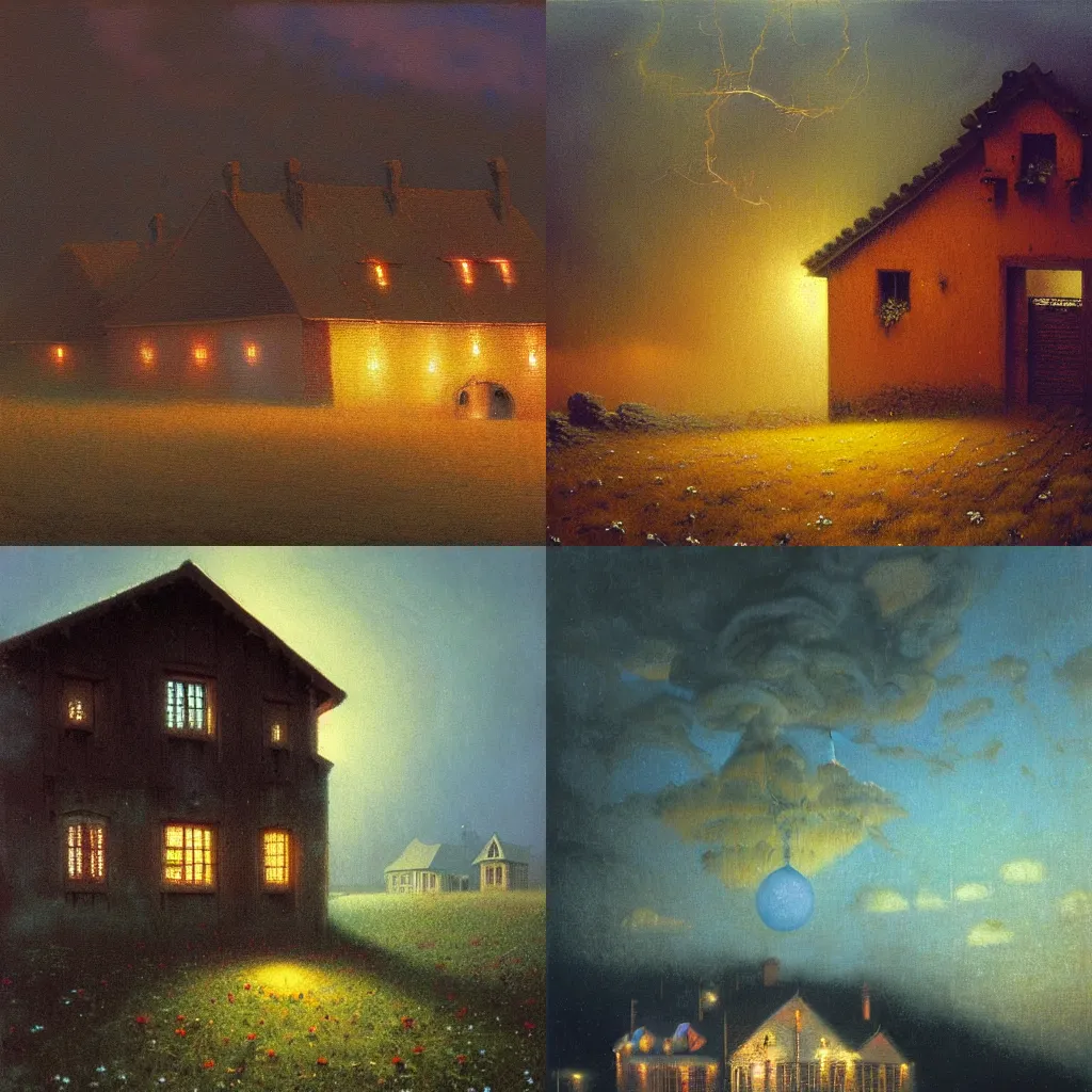 Prompt: detailed painting of a farmhouse, exterior, floral ornaments, volumetrics lights, beam of bright lights through the clouds, beksinski, bougeureau