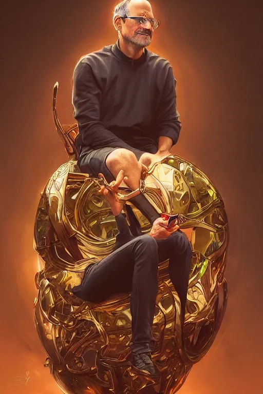 Image similar to ultra realistic illustration, steve jobs sitting on a giant apple, sci - fi, fantasy, intricate, elegant, highly detailed, digital painting, artstation, concept art, smooth, sharp focus, illustration, art by artgerm and greg rutkowski and alphonse mucha