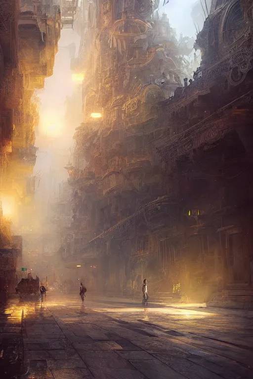 Image similar to inside the street of the city of atlantis, powerfull, intricate, elegant, volumetric lighting, digital painting, highly detailed, artstation, sharp focus, illustration, concept art, ruan jia, steve mccurry