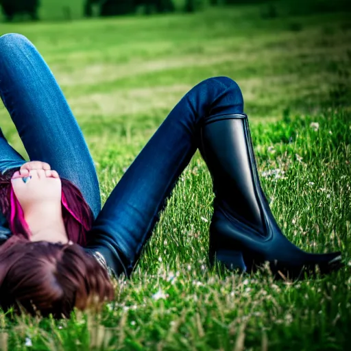 Image similar to young girl lies on a meadow, she wears leather jacket, jeans and knee high black boots, sharp focus, photo taken by nikon, 4 k,