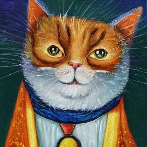 Prompt: a super math wizard cat, richly textured oil painting