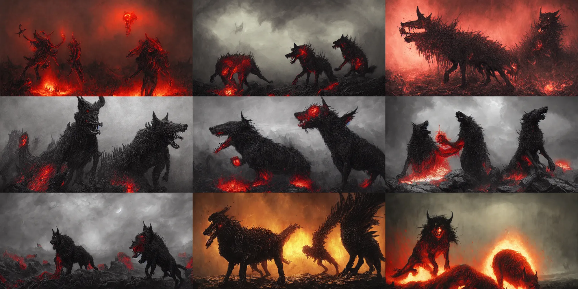 Prompt: Hellhounds, surrealism, fire, red, teeth, sharp, black, 8k resolution concept art, sinister by Greg Rutkowski, horror Gustave Doré Greg Rutkowski, Doom, darkness, flesh, blood, metal, edge, apocalypse