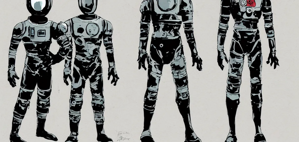 Image similar to male, full body, space suit with a modern helmet, large shoulders, short torso, long thin legs, tiny feet, character sheet, science fiction, very stylized character design, digital painting, by mike mignola, by alex maleev, jean giraud