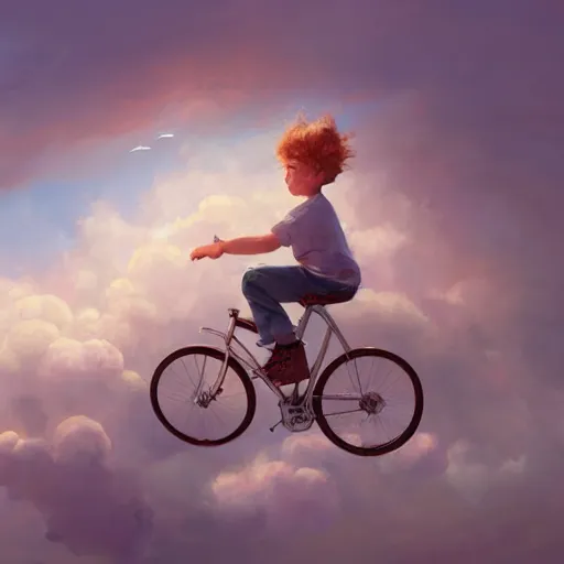 Image similar to A whimsical painting of a boy riding a bicycle in the sky, flying through the clouds, digital art, artstation, Mandy Jurgens, CGSociety, WLOP