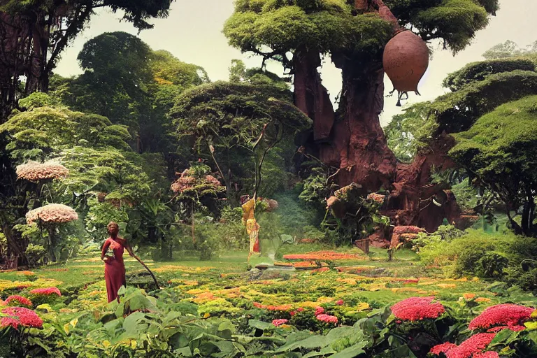 Image similar to illustration of elegant black woman watching spacecraft land in garden of stately home, flowers, baobab trees, distant town in valley and hills, by norman rockwell, jack kirby, john berkey, bergey, craig mullins, ruan jia, raymond swanland, jeremy mann, beksinski, tom lovell, alex malveda, schomburg