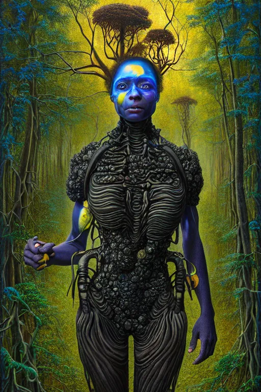 Prompt: hyperrealistic victorian super expressive! black woman with exoskeleton armor, merging with tree in a forest, highly detailed digital painting masterpiece smooth brad kunkle hannah yata dramatic pearlescent blue yellow light ground angle hd 8k sharp focus