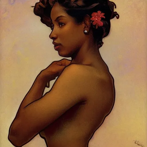 Prompt: upper body portrait, brown skinned woman, artgerm, alphonse mucha