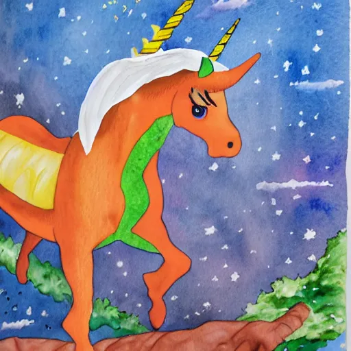 Image similar to wesley crusher riding a unicorn into battle watercolour