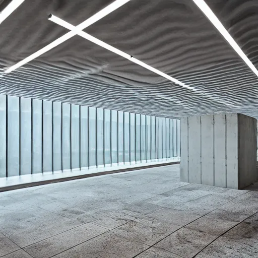 Prompt: upholstered sofas fluorescent ceiling lighting rectangular water pond in a large minimalistic concrete room, a tilt shift photo by leandro erlich, featured on cg society, kitsch movement, hall of mirrors, high dynamic range, studio portrait