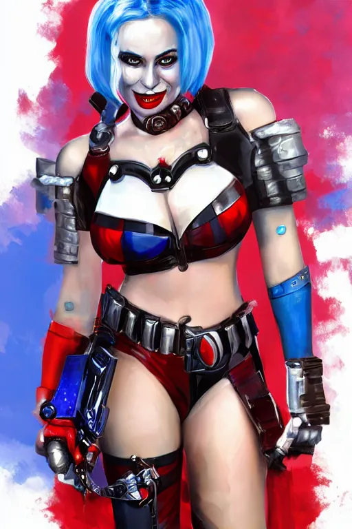 Image similar to portrait of Harley Quinn in bikini armor, dc comics, cyberpunk, Warhammer 40000, digital art from artstation