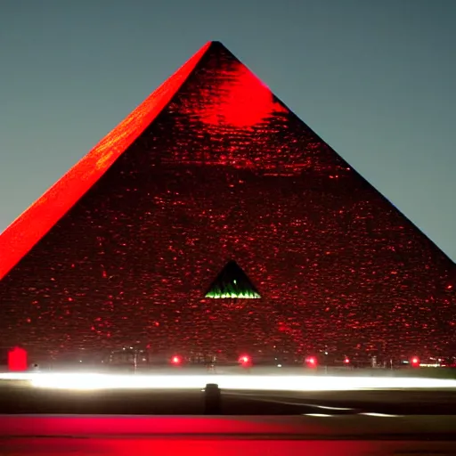 Image similar to wide angle photograph of a dark black pyramid with small red lights hovering over the pentagon at night