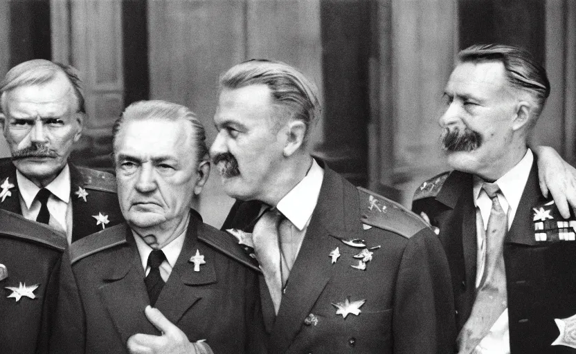 Prompt: 50s movie still close-up portrait of an elder soviet generals in a empty stalinist hall, by David Bailey, Cinestill 800t 50mm black and white, heavy grainy picture, very detailed, high quality, 4k, HD criterion, precise texture and facial expression