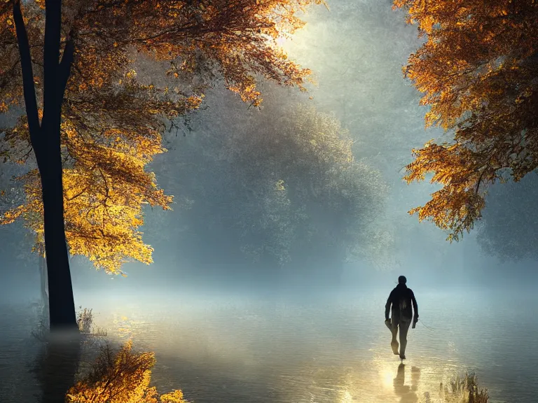 Image similar to a matte painting of an adventurer walking along the river bank in a forest during the golden hour in autumn, surrounded by dust and volumetric light shining through the tree tops, digital painting, detail