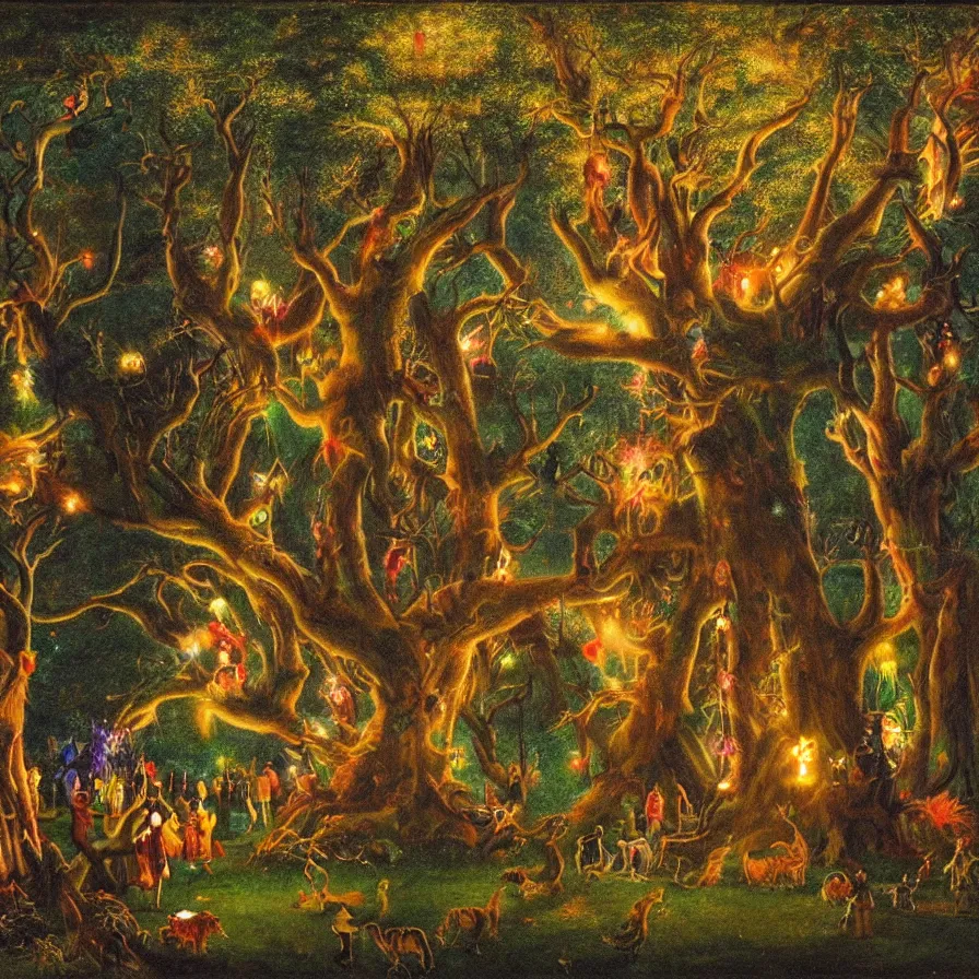 Image similar to a night carnival around a magical tree cavity, with a surreal orange moonlight and fireworks in the background, next to a big lake with iridiscent water, christmas lights, folklore animals and people disguised as fantastic creatures in a magical forest by summer night, masterpiece painted by edward robert hughes, dark night environment