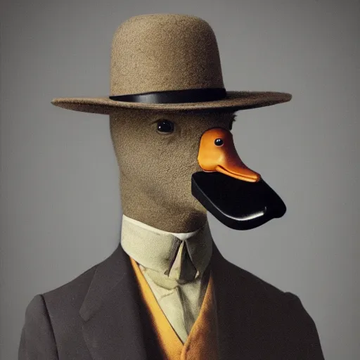 Image similar to a high detail photo of a man with a duck's head wearing a suit, photorealism