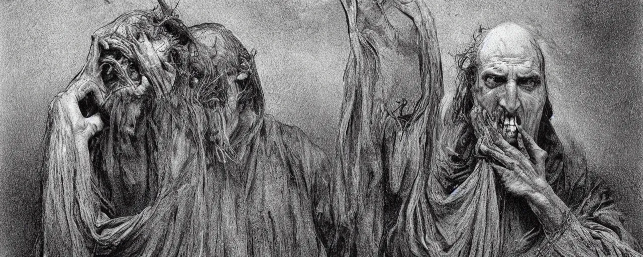 Image similar to vintage color footage exaggerated somber exorcism scared priest wide open mouth in terror crying figures inside mental hospital portrait by zdzisław beksinski and gustave dore and alphonse mucha, artstationhq iamag