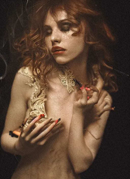 Prompt: a photo of a woman in a dark room wearing lace smoking a cigarette advertisement photography by mucha, candlelight, pagan, extremely coherent, sharp focus, elegant, sharp features, render, octane, detailed, award winning photography, masterpiece, rim lit