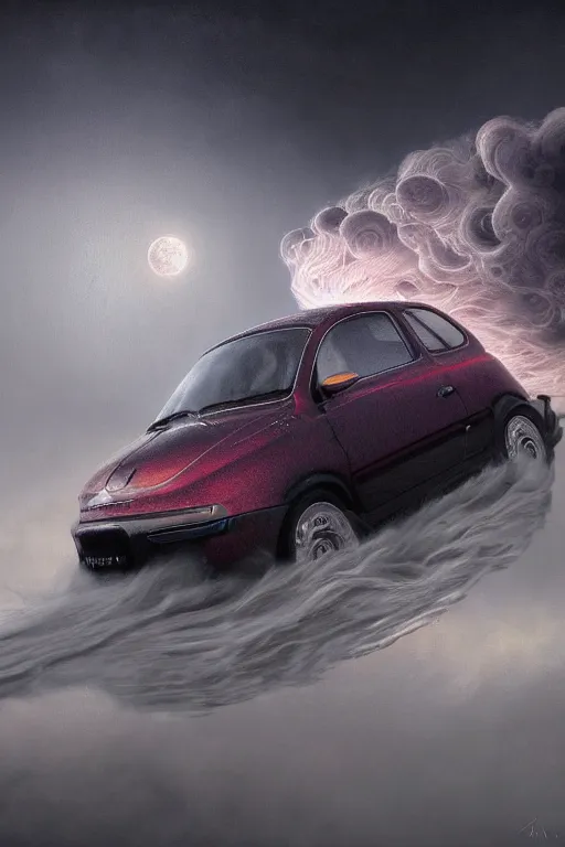 Image similar to Intricate stunning highly detailed Fiat 600R built in Argentina by agostino arrivabene and Vladimir Kush, surreal, digital painting, ultra realistic, Horror vacui, dramatic lighting, full moon, thick black swirling smoke tornado, burning fire embers, artstation