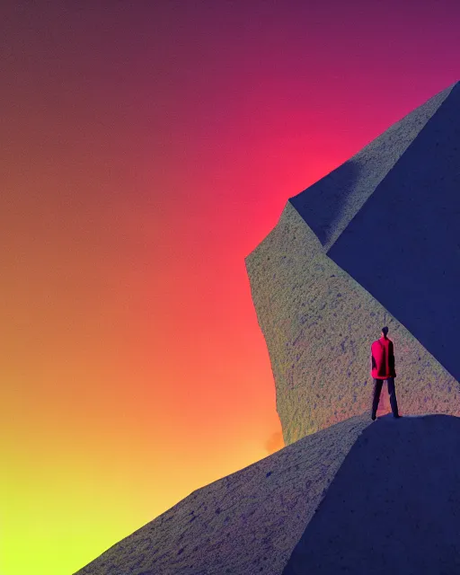 Image similar to a man standing in the middle of a mountain with a glowy neon triangle, a render by filip hodas, behance contest winner, environmental art, rendered in cinema 4 d, volumetric lighting