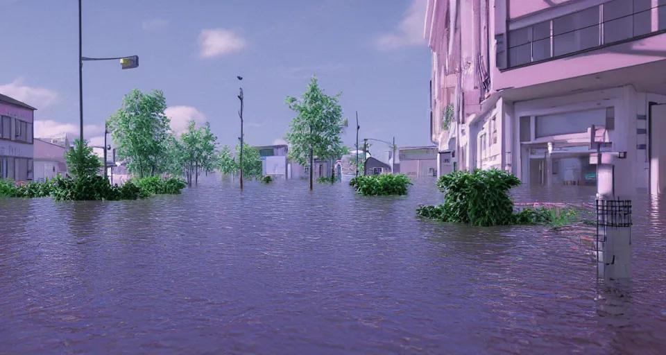 Image similar to 80s vaporwave outrun 3d Render of a german town being flooded, liminal space retro, grainy, noisy, early 90s cgi