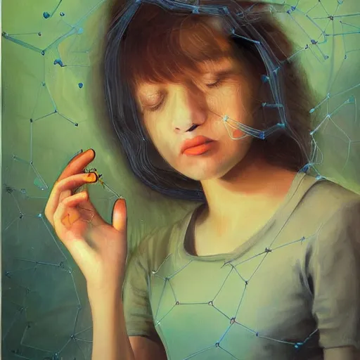 Prompt: computer girl is connected to her retro vintage computer by mycelium bio filament connections. oil painting and ultra realistic. the image transmit a sense of wonder and exploration. the art is incredibly detailed. the characters are all unique and interesting.